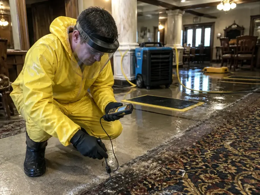 Technician in protective gear reading floor moisture beside drying mats and a dehumidifier