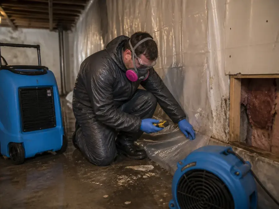 Technician in a respirator sealing plastic at a basement wall next to a dehumidifier and air mover