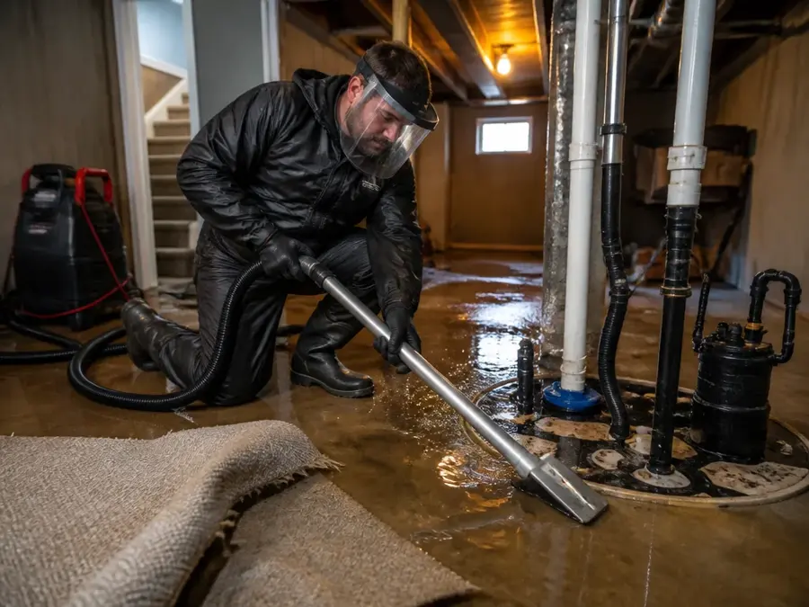 Restoration tech in a face shield running an extraction wand across a flooded basement floor beside the sump pit in a Bellevue home