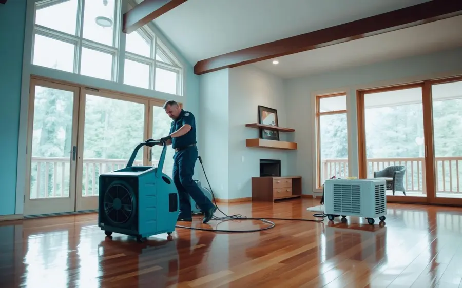 Technician wheeling a dehumidifier across a hardwood living room floor during a Bellevue dry-out