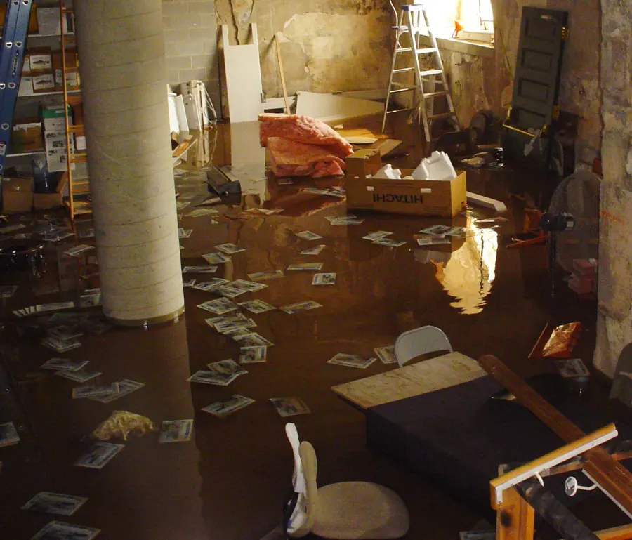 Finished basement standing in brown floodwater with soaked boxes and papers floating across the floor