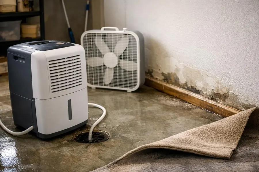 Dehumidifier and fan drying a wet basement floor beside a floor drain with the carpet pulled back