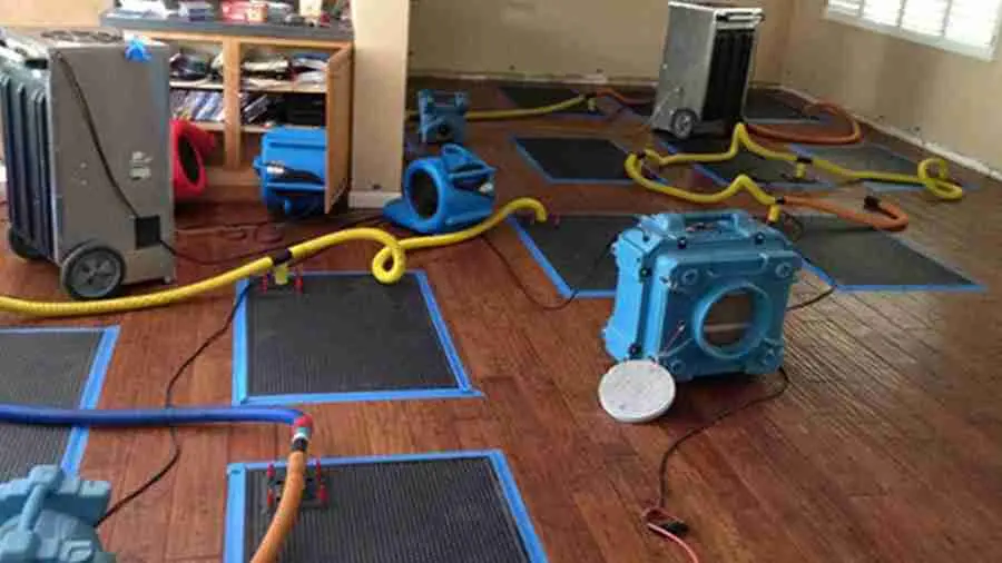 Floor drying mats, air movers and a dehumidifier drying hardwood flooring