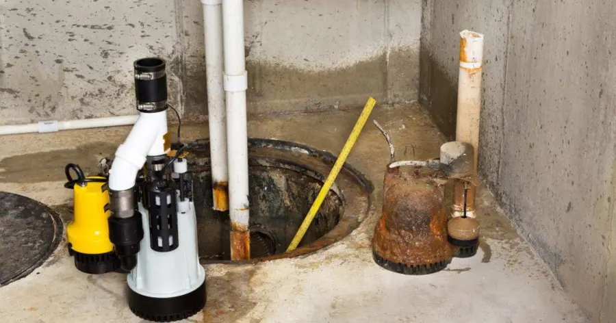 Open sump pit in a concrete basement floor with a new pump beside an old rusted pump