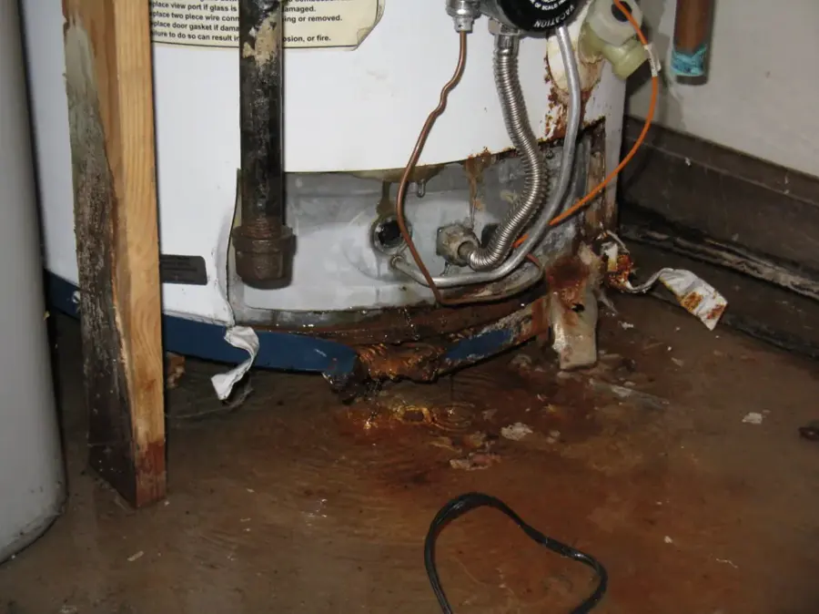 Rusted water heater base with water spread across the utility room floor